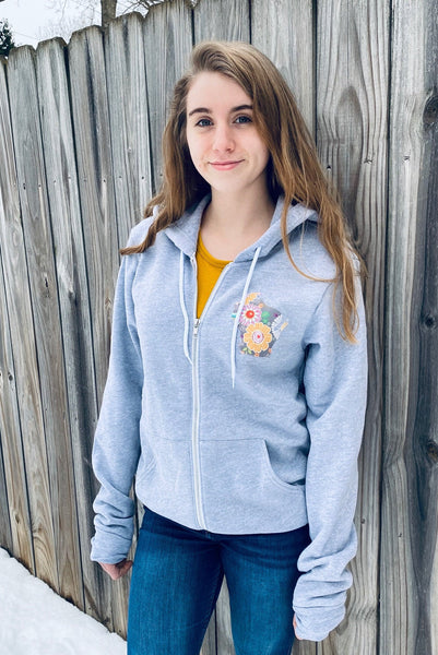 Wisconsin Sweatshirt - Gray Zip Up Hoodie - Floral - Free Shipping