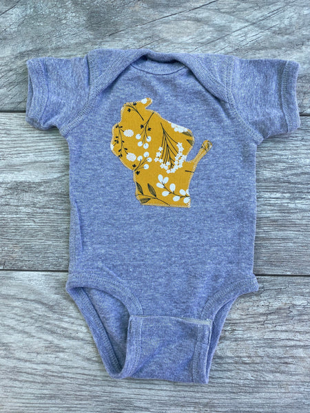 Wisconsin Bodysuit Gold Floral 0-18 months Long Sleeves, Short Sleeves, WI State Appliqué, Shower Gift Baby Girl