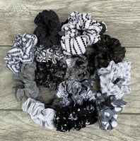 White Grey and Black Scrunchie Mystery Bag, 5 Scrunchies, Hair Ties, 90’s Fashion, gift set, birthday gift, christmas gift